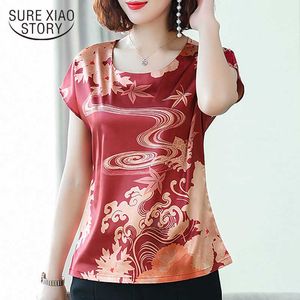 Top elástico de satén de seda de verano para mujer, camiseta de seda estampada con código grande suelto de manga corta para mujer, camiseta de talla grande con cuello redondo 4607 50 210527