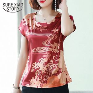 Été Soie Satin Élastique Top Femme À Manches Courtes Lâche Grand Code Imprimé T-shirt Plus Taille O-Cou 4607 50 210510