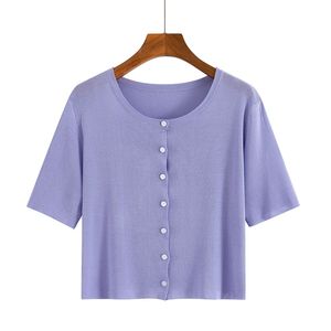 Camiseta corta de manga corta con botones de seda de verano para mujer, camiseta básica púrpura corta ajustada salvaje coreana para mujer 210420