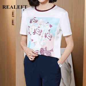 Camisetas para mujer de manga corta de seda de verano Impresión floral O-cuello Casual Camisas femeninas sueltas Tops Tee 210428