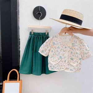 Estilo de verano Traje de niña coreana Japonés Chino Floral Linda Blusa y falda de dos piezas Bebé Niños Ropa para niños 210625