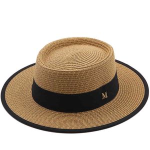 summer sun ladies fashion girl straw ribbon bow beach casual grass flat top panama hat bone womens visor cap