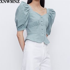 Summer Sweet Top Femmes Blouses Vintage Jambe de mouton Manches Chemisier vert Chemises Vêtements coréens Dames Tops Streetwear 210520