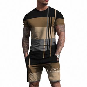 Conjunto de camiseta de verano para hombres Camiseta con estampado 3D a rayas de manga corta + pantalones cortos Conjunto de 2 piezas Traje de hombre deportivo de playa informal de gran tamaño u0Cq #