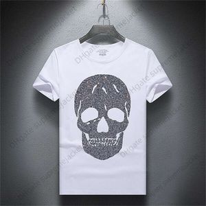 Camisetas de verano para hombre, camisetas con calaveras y diamantes de imitación, camiseta ajustada de manga corta con cuello redondo de algodón Modal