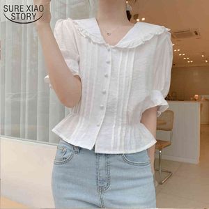 Tops d'été Bouton Preppy Style Peter Pan Colla Blouses Dames Courte Chemise Blanche Volants Blouse Femmes Vêtements 10103 210508