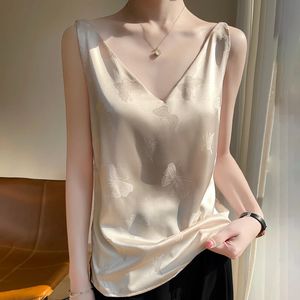 Tshirt d'été pour femmes en satin débardeur Vneck Pullover Top Fashion Version coréenne Grand style intérieur polyvalent 240409