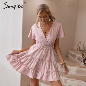 Verano con cuello en v rosa claro casual sólido cintura alta con cordones con volantes mujeres elegante oficina damas vestido corto 210414