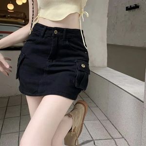 Summer Vintage Cargo Denim Skirts Mujeres Harajuku High Wist Mini Skirt Mujer Y2K con bolsas de bolsas Jean Bag 240420