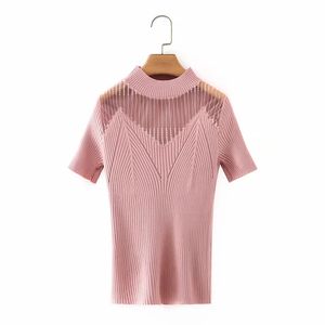 Camiseta de punto de empalme de tela de malla hueca de verano para mujer, camisetas ajustadas de manga corta informales para mujer T1501 210430