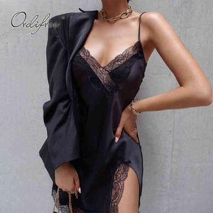 Summer Women Sexy Party Club Wear Spaghetti Strap Black Lace Crochet Mini Satin Dress 210415