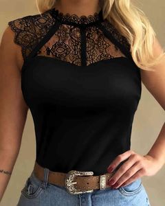 Été Femmes Sexy Plaine Dentelle Floral Top Femme Sans Manches Solide Col Rond Quotidien Maigre Réservoir Dames Vêtements Nouveau Porter Pas Cher 210415