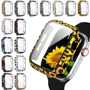 Coques en verre trempé fleur de soleil pour iWatch 45MM 41MM 44mm 38mm 42mm 40mm série 7 5 4 3 2 1 cadre à bord incurvé coque d'impression par transfert d'eau avec emballage de boîte de vente au détail