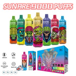 Sunfire Tornado 9000 Puff 9000 E-cigarettes jetables Vape Deechable 600mAh Batterie rechargeable 18 ml Vapes Pouffle jetable avec VAPER RVB 20 saveurs OEM Service