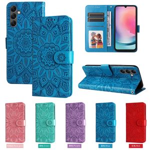 Étuis portefeuille en cuir de tournesol pour Samsung A25 Huawei Honor Paly 50 Plus Nova 11 SE Pro Xiaomi 14 13 Redmi 13C 4G Fente pour carte d'identité en relief Porte-fleur Pochette à rabat