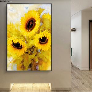 Pintura al óleo de girasoles, decoraciones de pared para sala de estar, imagen artística Vintage, lienzo impreso, pintura moderna para decoración del hogar, Cuadros