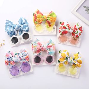 Lunettes de soleil 2PCS / Set Flower Baby Lunettes de soleil Sunglasses Fruit Print Boulet Nylon Bands de cheveux Banders Boys Filles Seaside Mental Eyeglasse Kids Headswear