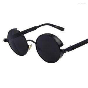 Gafas de sol Black Round Steampunk Men Fashion Designer Luxury Classic Retro Mirror Sun Glasses Women Circle Oculos 184E