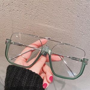 Marcos de gafas de sol Productos de tendencia retro Marco de gafas semimetálico cuadrado Mujeres Clear Anti-Blu-Ray Bisagra de resorte Puentes dobles Hombres Óptico T