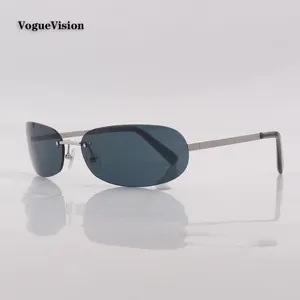 Gafas de sol marco de metal plateado sin borde para mujeres lente de protección ultra rectángulo de rectángulo o ovalado con gafas de moda para mujeres de diamantes