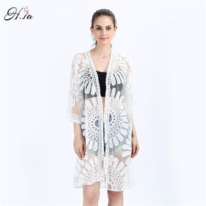 Blouse de protection solaire Kimono Chemise longue Chemise blanche Dentelle Femmes Tops Protection solaire Vêtements d'été Poncho Cardigans 210430