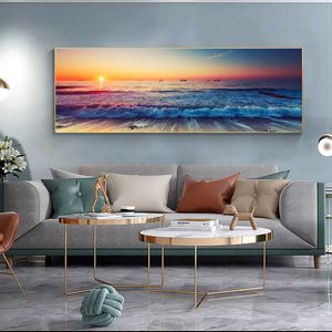 Pinturas en lienzo de puesta de sol por el mar en la pared pósteres e impresiones artísticos imágenes artísticas de olas del océano para la decoración de la pared de la habitación de la cama Cuadros