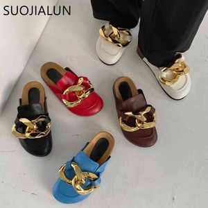 SuoJialun Nuevo diseño de marca Cadena de oro Slippre de punta cerrada Slip On Mules Shoes Toe Blow tacones de toboganes informales Flip Flop