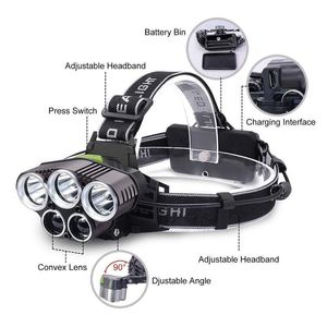 Super brillante 5000LM 5x XM-L T6 LED recargable USB faro cabeza luz con zoom impermeable 6 modos antorcha para pesca Camping caza 2022