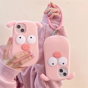 Super étuis drôles 3D grands yeux bracelet cochon rose coque de téléphone en silicone pour iphone 14 Pro Max 11 12 13 Xs Xr 7 8 plus X Se couverture