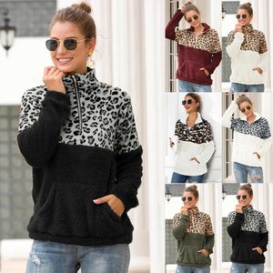 Suéteres 10 estilos Mujeres Sherpa Leopard Patchwork Jerseys Suéter de lana suave Abrigo con bolsillos Invierno Cálido Sudadera gruesa Outwear Tops