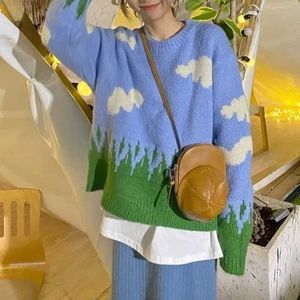 Pulls Femmes Crewneck Plein Sky Cloud Nuage imprimé Pull tricoté automne hiver Pull surdimensionné Knitwear Jumper Top x0721