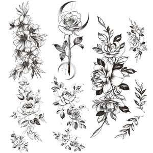 Sweatpea branche faux tatouages temporaires pour les femmes noir Rose lune fleur tatouage autocollant pivoine lys feuilles Tatoos corps Art brassard