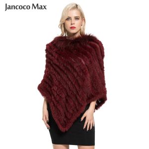 Sweatshirts Jancoco Max Nouveau arrivée Real Rabbit Fur Tricoted Poncho Ratcoon Collar de fourrure SHAWLS FEMMES CAPES D'HIVÉRAL