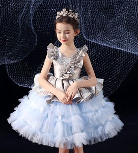 Robes d'anniversaire de fille de longueur de genou sans manches en satin / tulle bleu doux Robe de fille de fleur Robes de concours de fille Jupe de fête de fille Jupe de fille personnalisée SZ 2-12 D321058