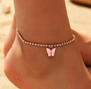 Dulce mariposa tobillera pulsera de diamantes de imitación Boho playa tobilleras de acrílico para mujeres niñas sandalias pulseras de pie al por mayor