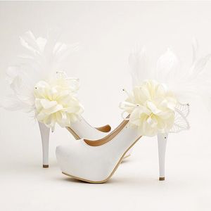 Doux Floral Plume Chaussures De Mariée De Mode Talons Aiguilles Plates-Formes Chaussures De Soirée Robe De Mariée En Satin Blanc Escarpins Chaussures De Demoiselle D'honneur