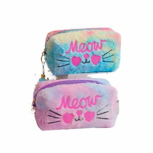 Sweet Sequins Cat Large Makeup Pouchage arc-en-ciel Soft Furry Travel Organizer Souchez Girls Small Bag B613 #
