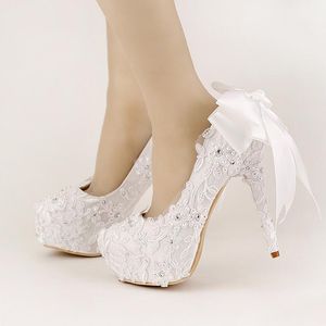 Zapatos de novia con lazo de cinta blanca dulce, zapatos de plataforma de tacón alto con tacón de aguja, zapatos de boda hechos a mano, cómodos zapatos de tacón de satén para mujer