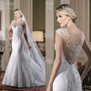 Vestidos de novia sin mangas con escote corazón, Apliques de encaje, ilusión de perlas, sirena, corte de espagueti transparente, vestido de novia elegante personalizado