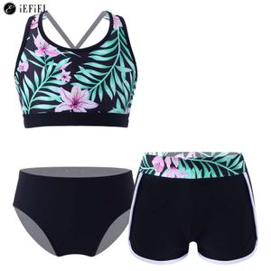 Maillot de bain Enfants Filles 3 Pièces Tankini Ensemble Imprimé Floral Criss Cross Dos Crop Tops avec Boyshort Bottoms Plage Sport Maillots De Bain Maillot De Bain 230614