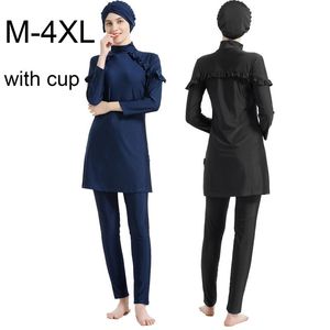 Traje de baño Traje de baño musulmán para mujer Traje de baño Burkini Conjunto de tres piezas modesto Musulmán musulmán Maillot De Bain Talla grande Completo Todo negro con copa