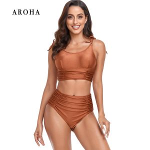 Swimswear Aroha High Waist 2 Piece Bikini Tummy Control Push Up Pads For Swimsuit Tankini Swimwear Femmes 2023 Big Beachwear Livraison gratuite