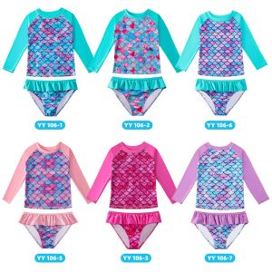 Traje de baño Traje de baño dividido de sirena para niños Bebé niña Escala de peces Impresión 3D Traje de baño con bloqueador solar Niños Manga larga Top + Bikini Conjunto de 2 piezas