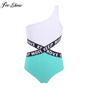 Maillots de bain enfants filles été combinaison maillots de bain simple épaule évider lettre imprimer une pièce maillot de bain piscine fête maillot de bain maillots de bain