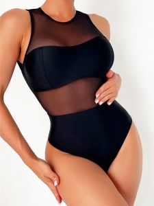 Swimwear Sexy See Through Black Mesh Sheer Women Swimwear One Piece Swimsuit Femelle Monokini Backless Bathing Fult Bathing Swim Beach Wear Lady