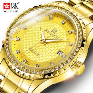 Swiss Counter weskey Reloj mecánico totalmente automático resistente al agua con incrustaciones de diamantes y borde dorado para hombre