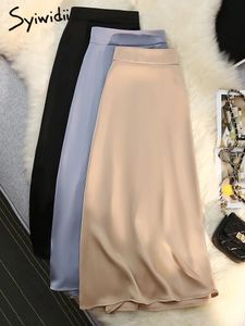 Syiwidii soie Satin longues jupes noires pour les femmes élégantes dames une ligne fermeture éclair dos bande élastique mode coréenne luxe jupe Midi 240112
