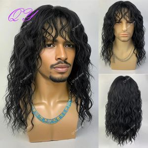 Wig à cheveux longs noirs synthétiques pour hommes Rock and Roll Hair Quality Natural Water Wavy Curly with Bangs Male Wig 240416