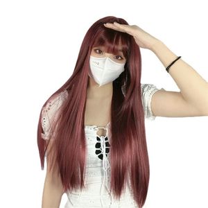 Pelucas de cosplay sintéticas con flequillo esponjoso para mujer Peluca de pelo de color liso largo natural con uso diario