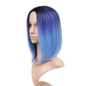 Perruques de cheveux synthétiques pour femmes noires Ombre noir mélangé bleu violet reflets courts Bob perruque droite résistant à la chaleur Cosplay ou fête